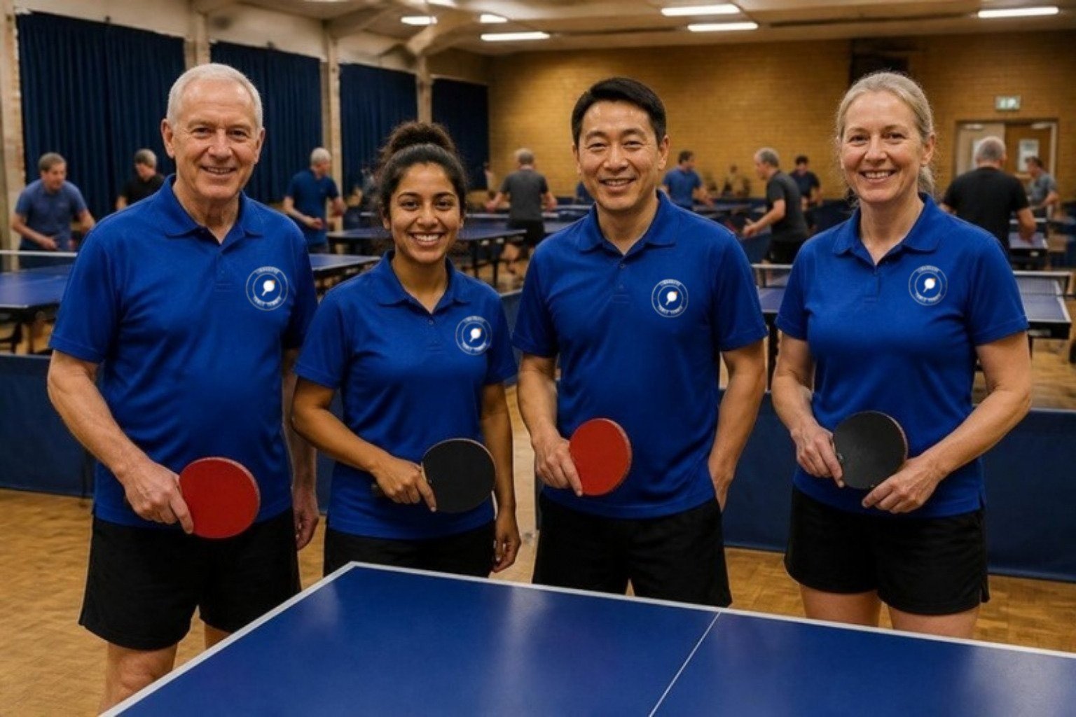 Demo table tennis club members in royal-blue polos with the Lindgrove crest, bats beside a blue table in a club hall