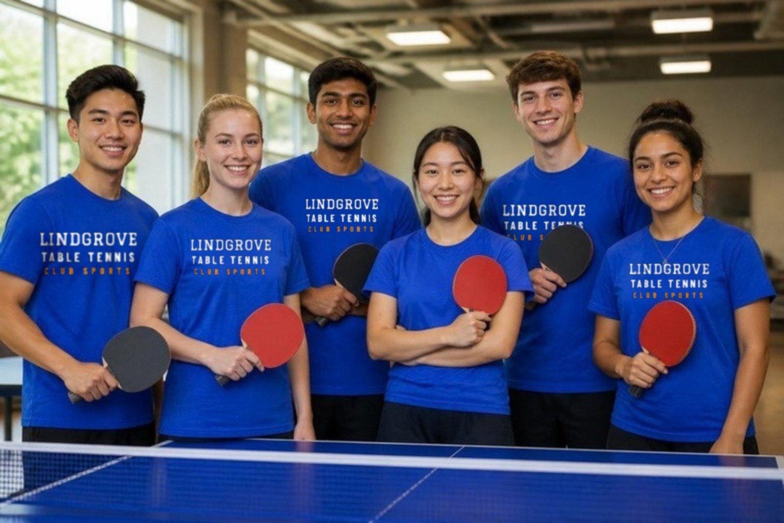 Demo college table tennis team in royal-blue LINDGROVE TABLE TENNIS CLUB SPORTS tees holding bats behind a blue table