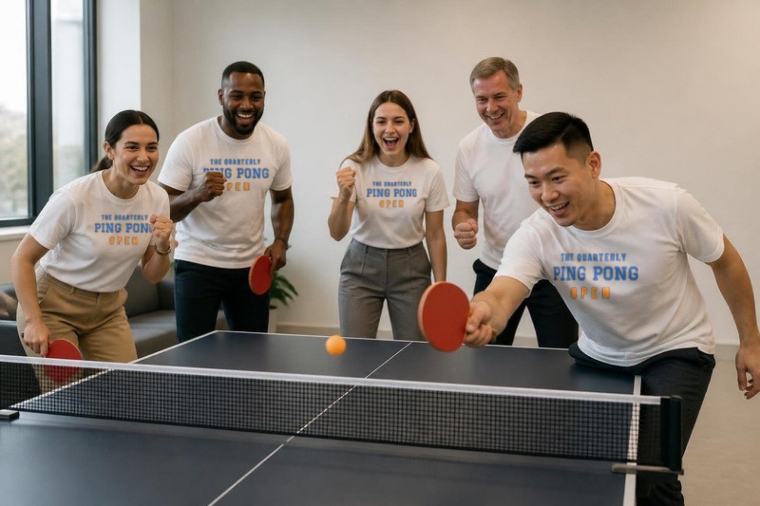 Demo coworkers in white tees printed THE QUARTERLY PING PONG OPEN cheering a rally at an office table, an orange ball in play