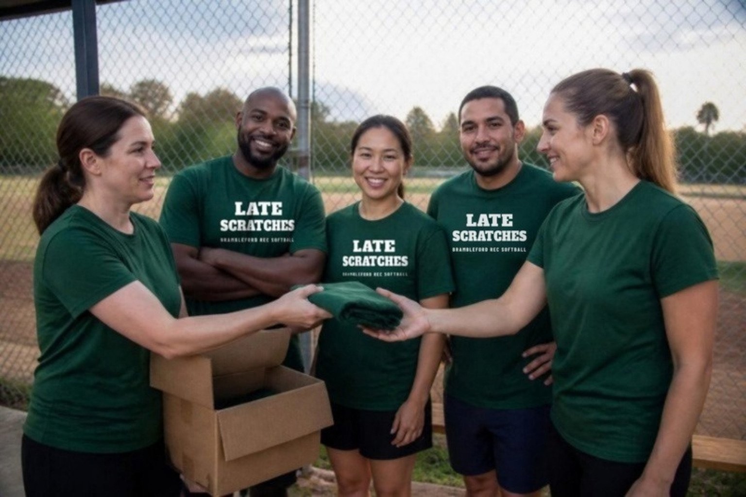 Demo: an adult softball team captain handing out shirts from one box to teammates wearing green tees printed with the fictional team name Late Scratches