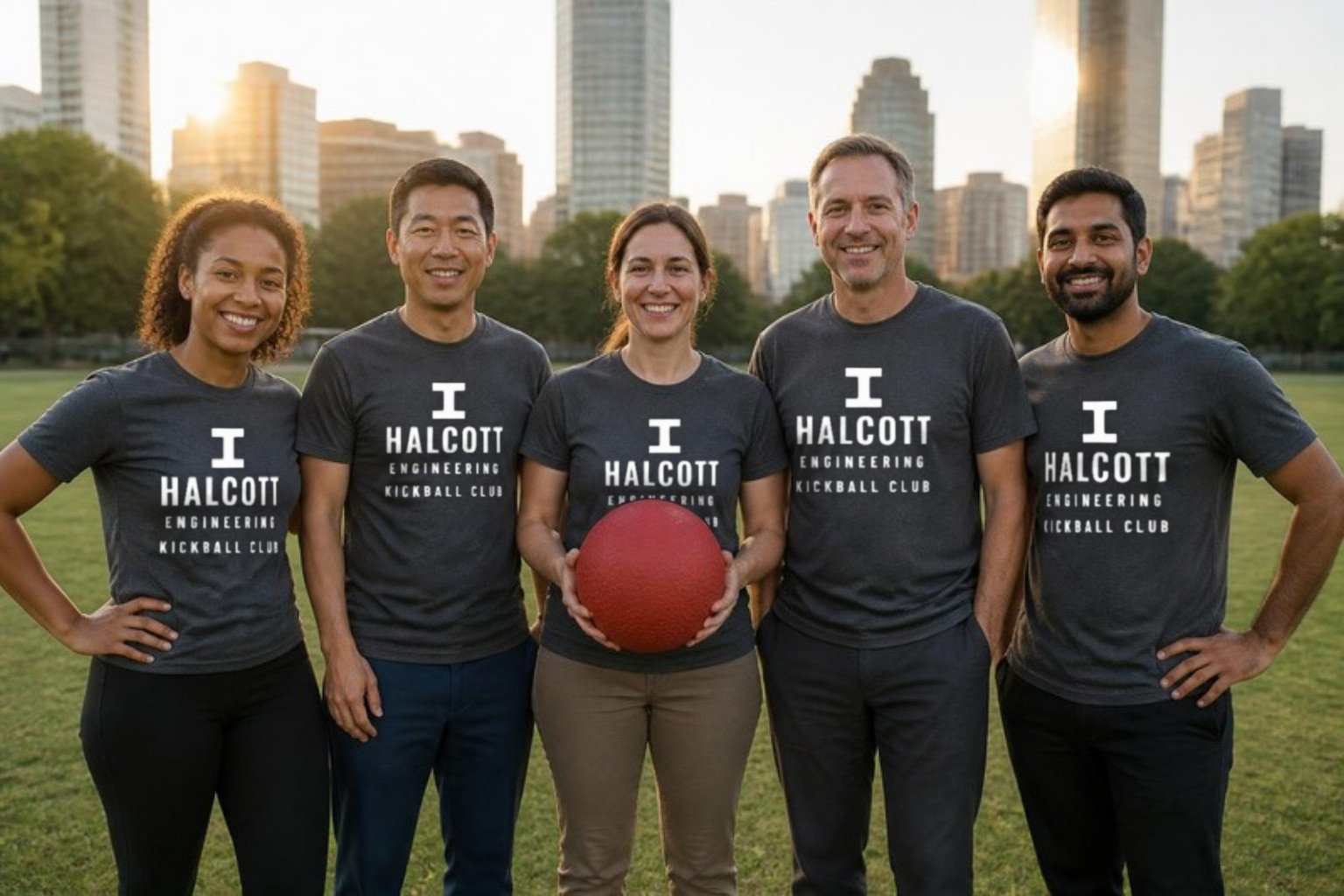Demo: coworkers of a fictional engineering company kickball team in charcoal tees printed with the company team name