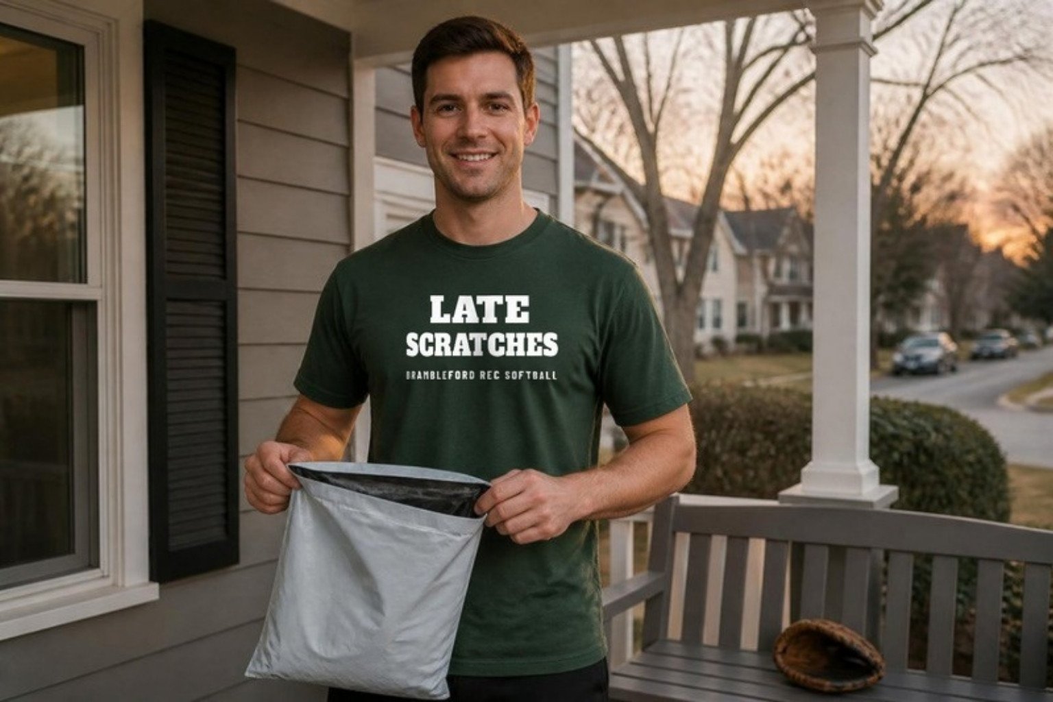 Demo: a softball player on his porch with the mailer his team shirt arrived in, wearing the green Late Scratches tee