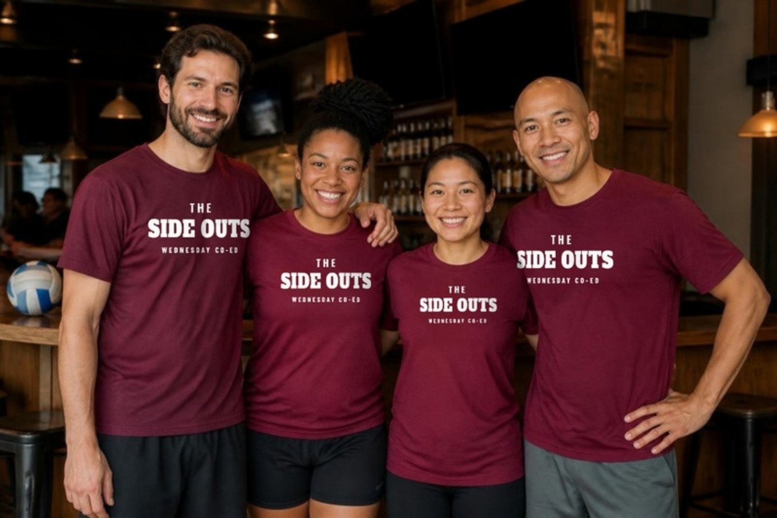 Demo: an adult co-ed volleyball team at their sponsor’s bar and grill in maroon tees printed with the fictional team name The Side Outs