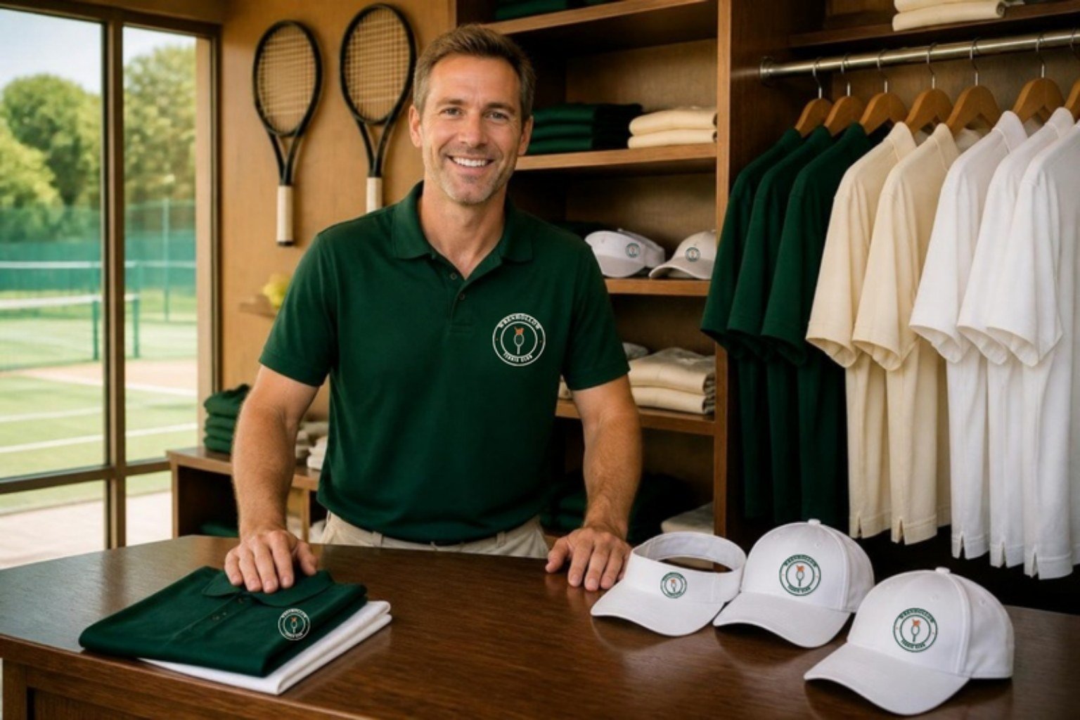 Demo pro shop at the fictional Wrenhollow Tennis Club: a teaching pro in a polo with the club crest embroidered on the left chest, folded crest polos, crested caps and a visor on the counter