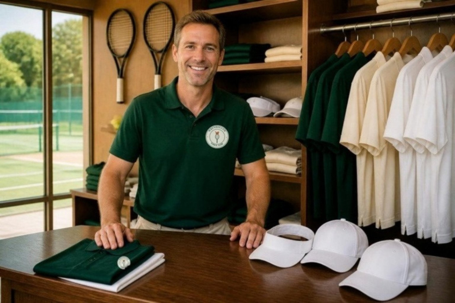 Demo pro shop at the fictional Wrenhollow Tennis Club: a teaching pro in a polo with the club crest printed on the left chest, a folded crest polo, plain caps and a plain visor on the counter