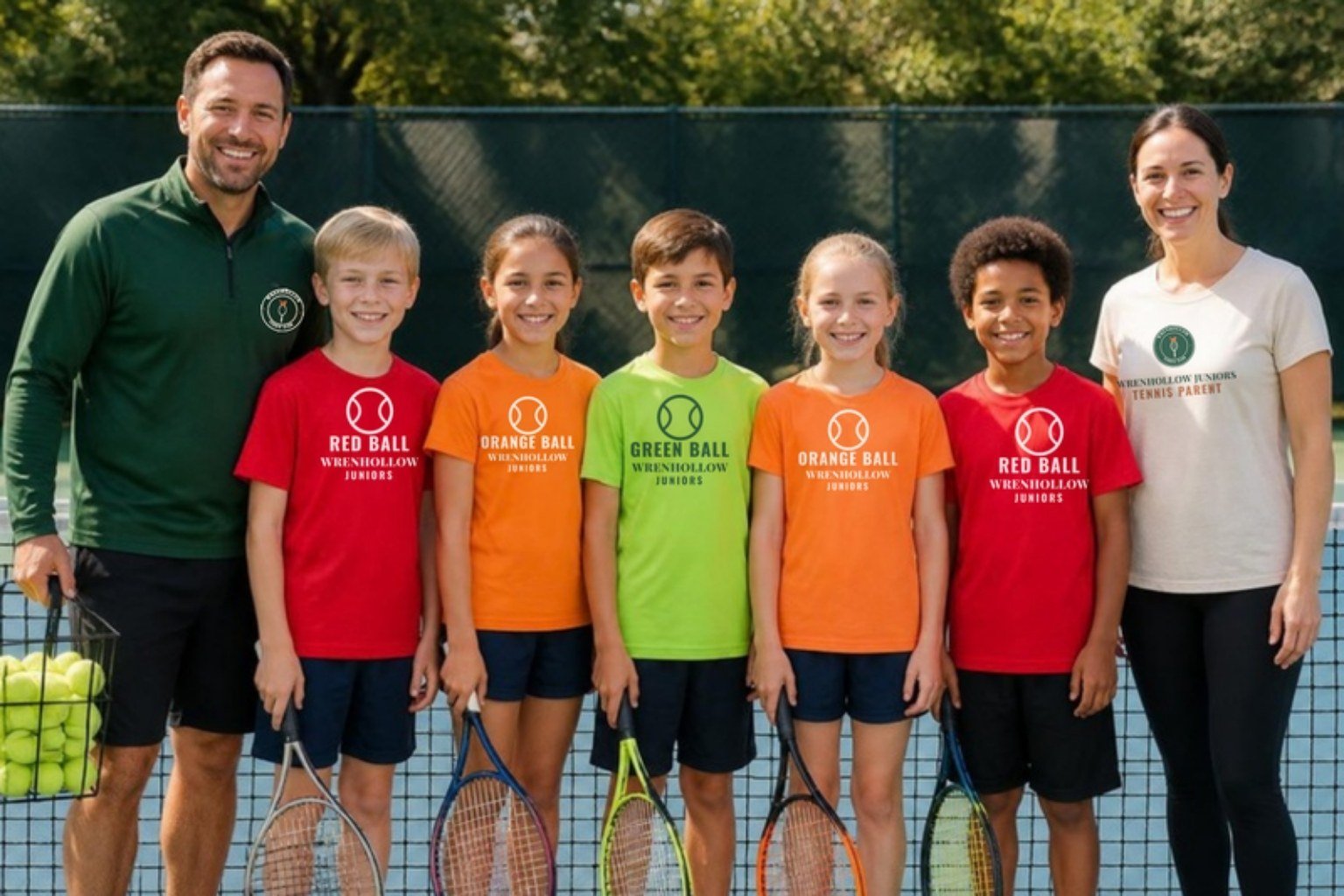 Demo junior program at the fictional Wrenhollow Tennis Club: juniors in red, orange and green level shirts, a coach in a crested quarter-zip and a parent in a tennis-parent tee