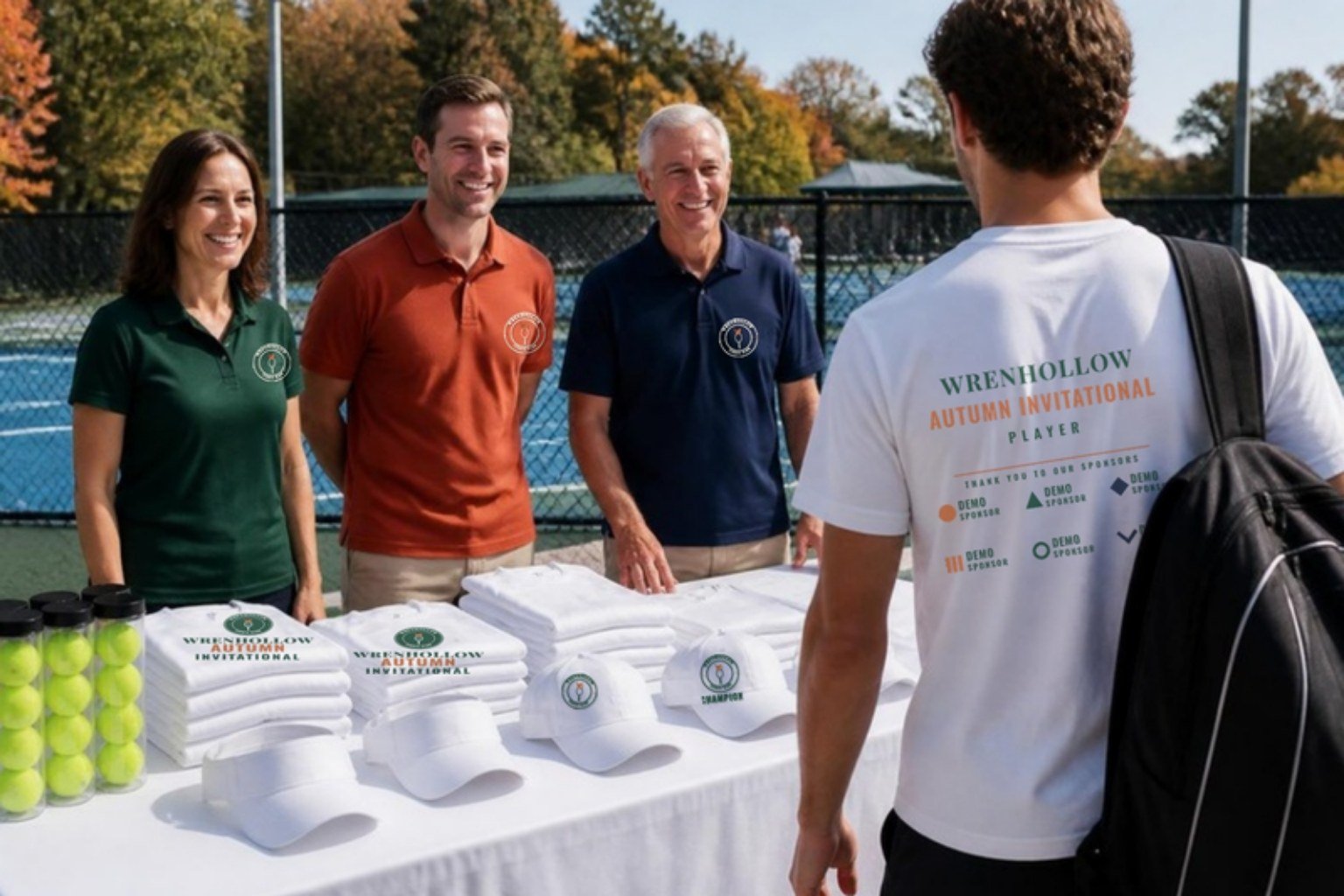 Demo tournament check-in for the fictional Wrenhollow Autumn Invitational: volunteers in green, clay and navy crest polos at a table of folded event tees and caps, while a player wears the event tee with demo sponsor marks across the back