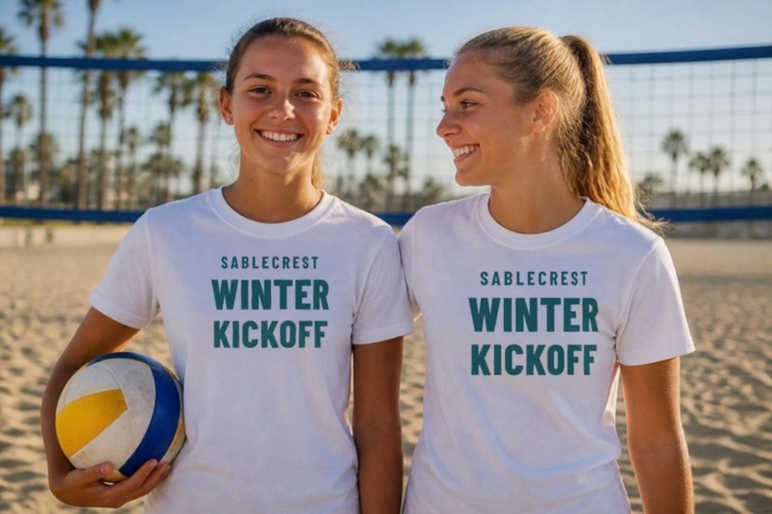 Demo junior beach partners from the fictional Sablecrest sand program in white tees printed across the front with SABLECREST WINTER KICKOFF, one holding a volleyball, beach net behind