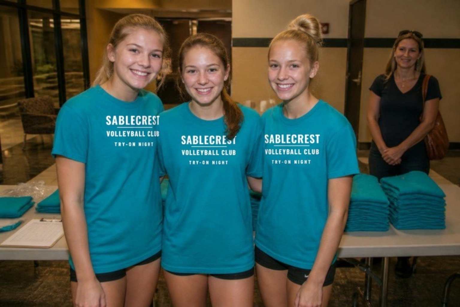 Demo: three players at a try-on night of the fictional Sablecrest Volleyball Club in teal tees printed with the club design, size samples on the table