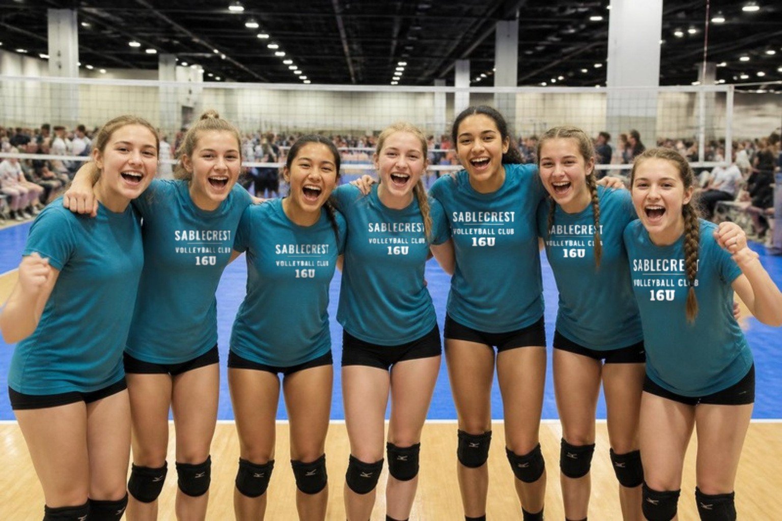 Demo: the 16U team of the fictional Sablecrest Volleyball Club cheering arm in arm at a tournament hall in matching teal tees printed SABLECREST VOLLEYBALL CLUB 16U