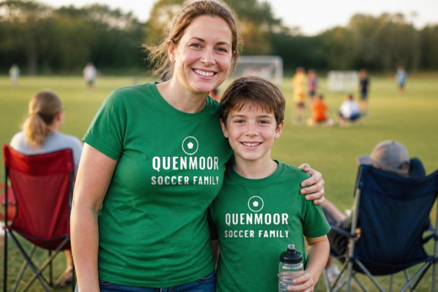 Demo: a mother and her son on a youth soccer sideline in matching green tees, his printed with the fictional Quenmoor Soccer Family design