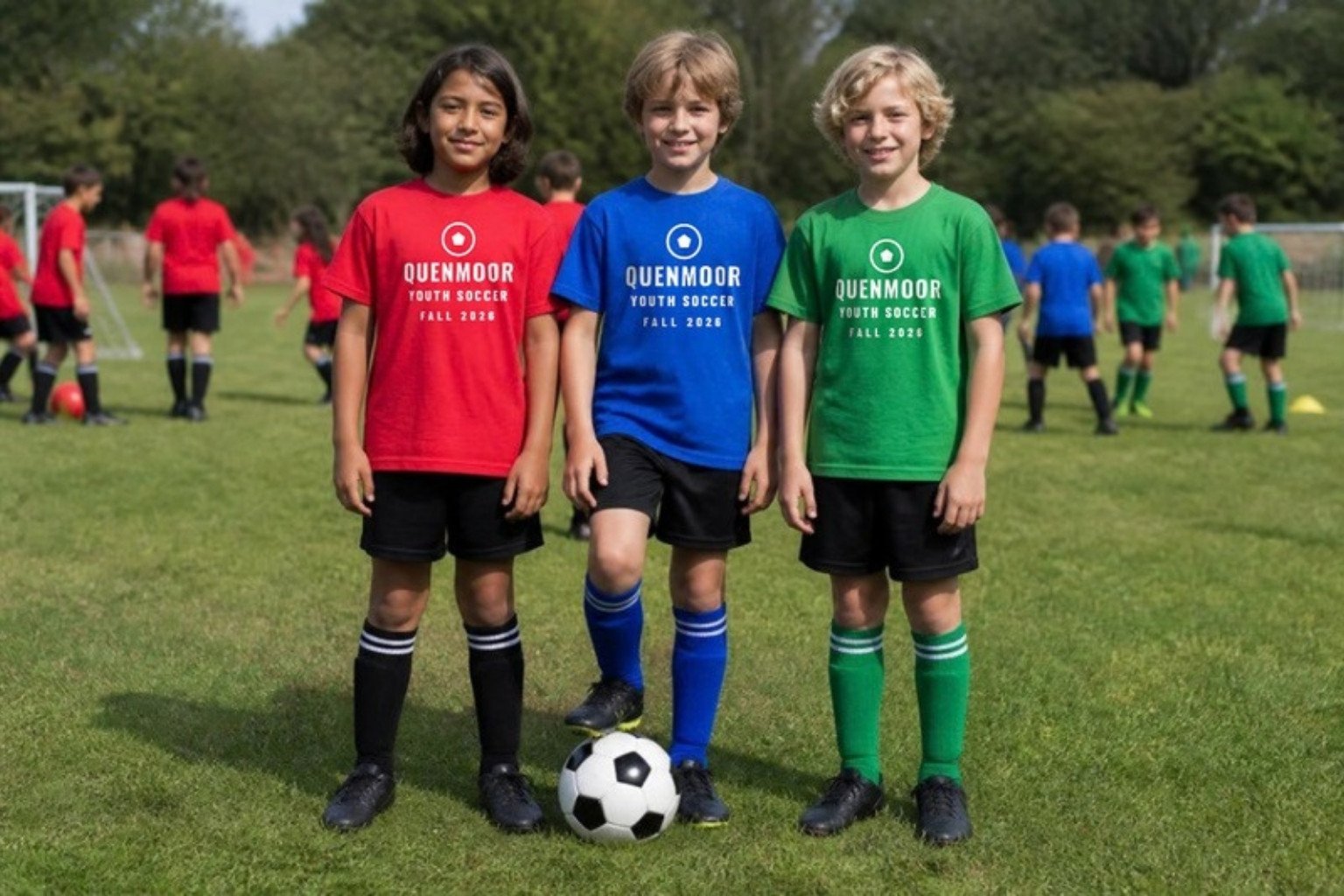 Demo: three players from different teams of the fictional Quenmoor youth soccer league in red, blue and green tees printed with the same league design