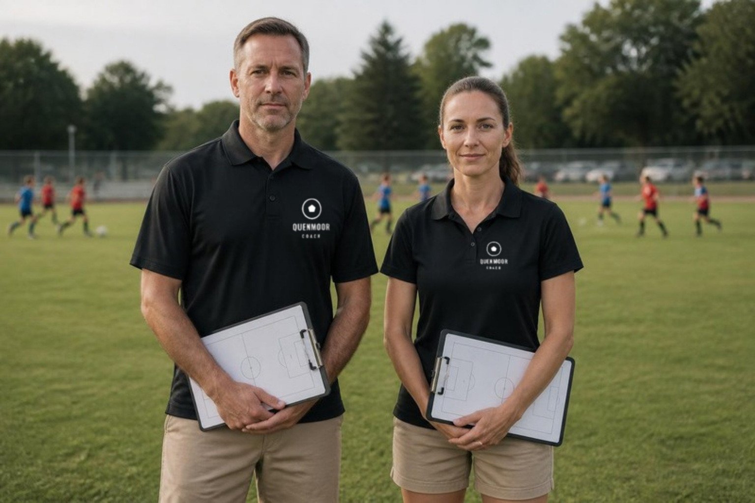 Demo: two volunteer youth soccer coaches in black polos on the sideline holding clipboards, each with a small left-chest league mark