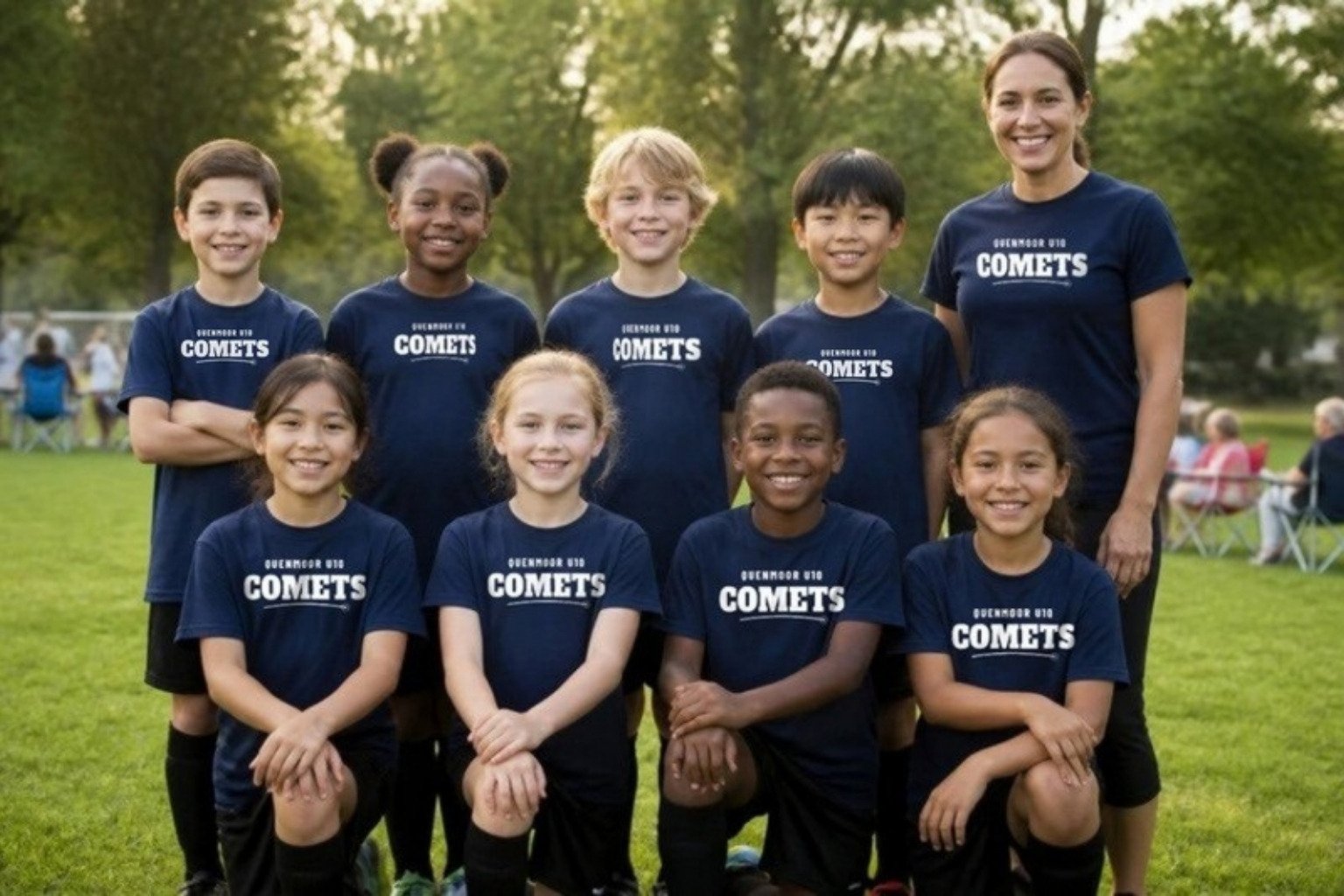 Demo: a youth soccer team, the fictional Quenmoor U10 Comets, and their coach in navy team tees printed with the team name