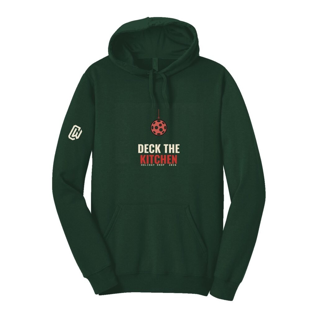 Court Warrior hoodie, Deck the Kitchen design, Forest / Cream + Red