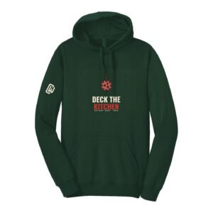 Court Warrior hoodie, Deck the Kitchen design, Forest / Cream + Red
