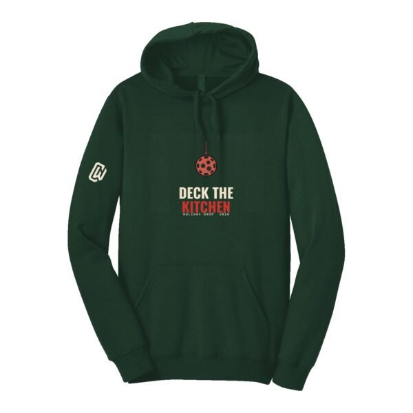 Court Warrior hoodie, Deck the Kitchen design, Forest / Cream + Red