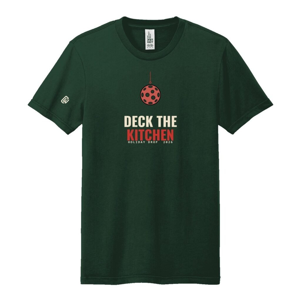 Court Warrior tee, Deck the Kitchen design, Forest / Cream + Red
