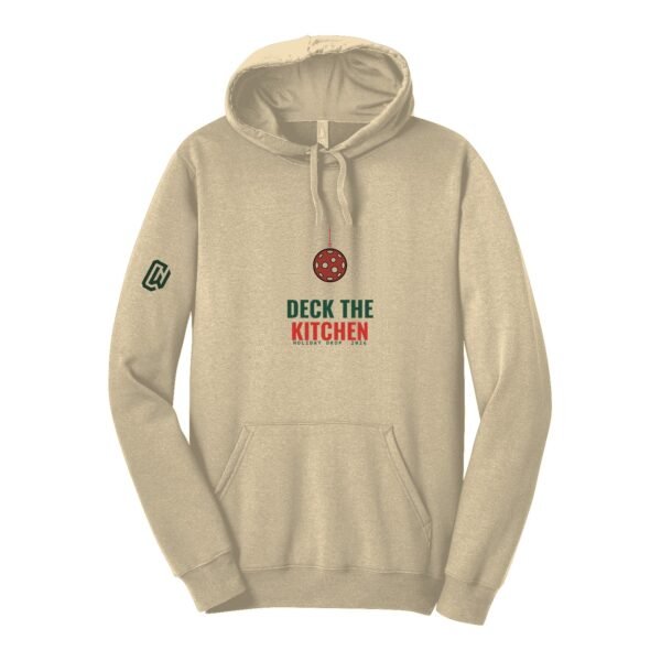 Court Warrior hoodie, Deck the Kitchen design, Sand / Forest + Red