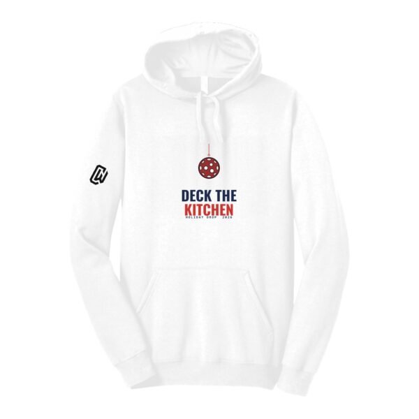 Court Warrior hoodie, Deck the Kitchen design, White / Navy + Red