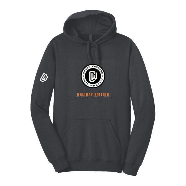Court Warrior hoodie, ESTD Holiday Edition design, Heather Charcoal / White + Orange