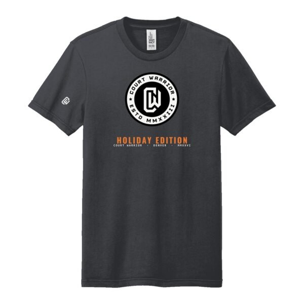 Court Warrior tee, ESTD Holiday Edition design, Charcoal / White + Orange