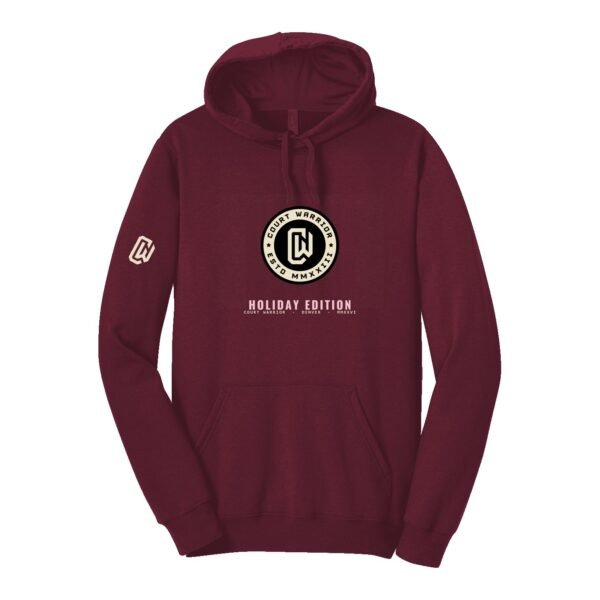 Court Warrior hoodie, ESTD Holiday Edition design, Maroon / Bone + Blush