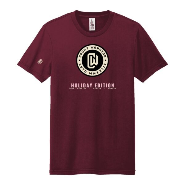 Court Warrior tee, ESTD Holiday Edition design, Maroon / Bone + Blush