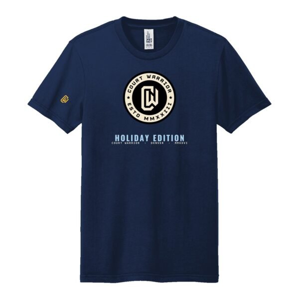 Court Warrior tee, ESTD Holiday Edition design, Navy / Cream + Ice Blue