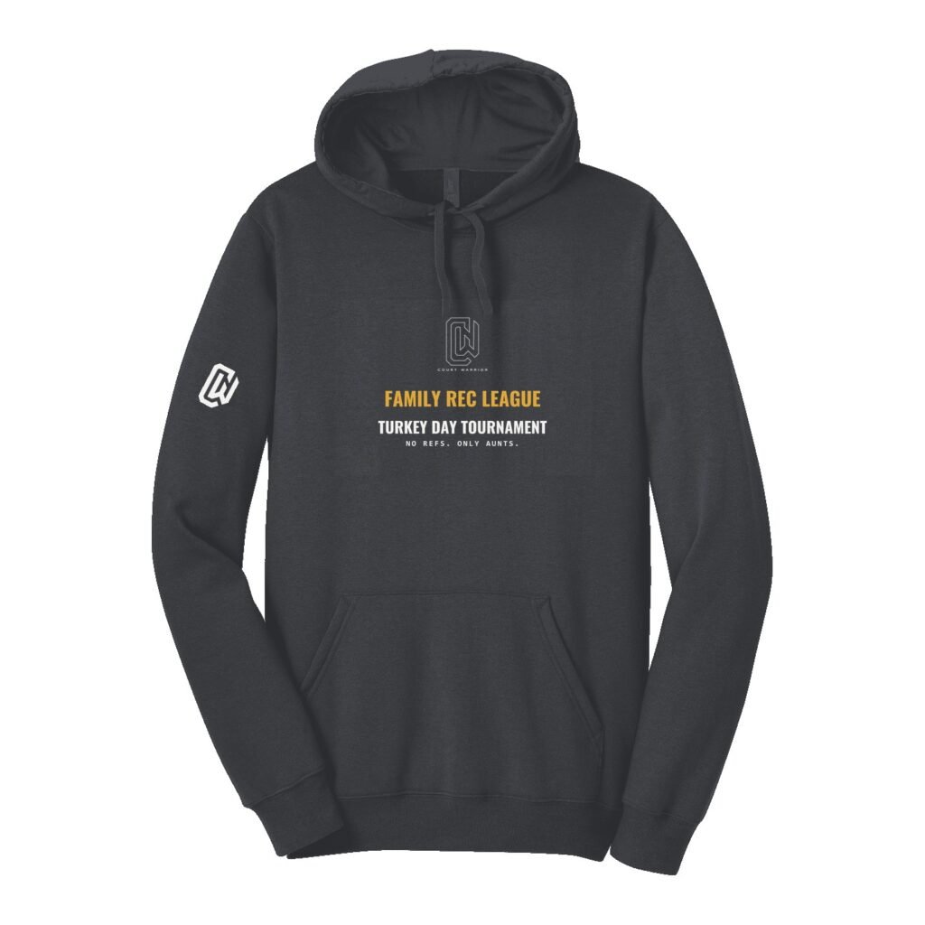 Court Warrior hoodie, Family Rec League design, Heather Charcoal / White + Mustard