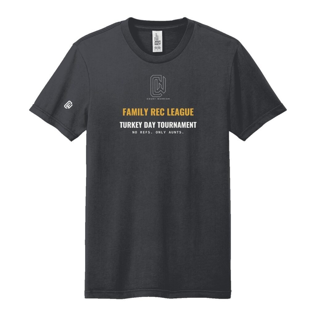 Court Warrior tee, Family Rec League design, Heather Charcoal / White + Mustard