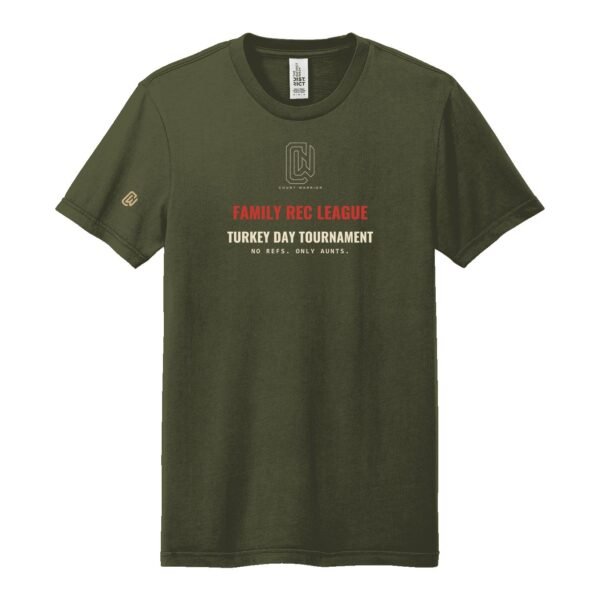 Court Warrior tee, Family Rec League design, Military Olive / Bone + Red