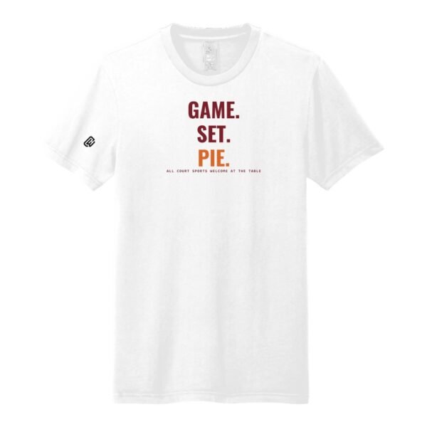 Court Warrior tee, Game. Set. Pie. design, White / Burgundy + Orange