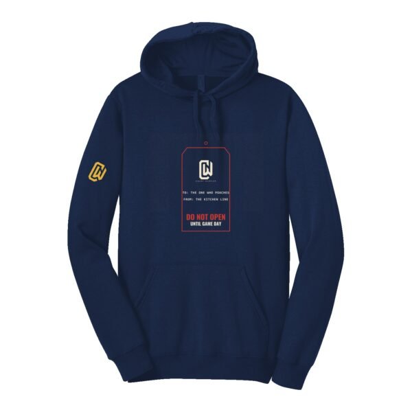 Court Warrior hoodie, Gift Tag design, Navy / Cream + Red