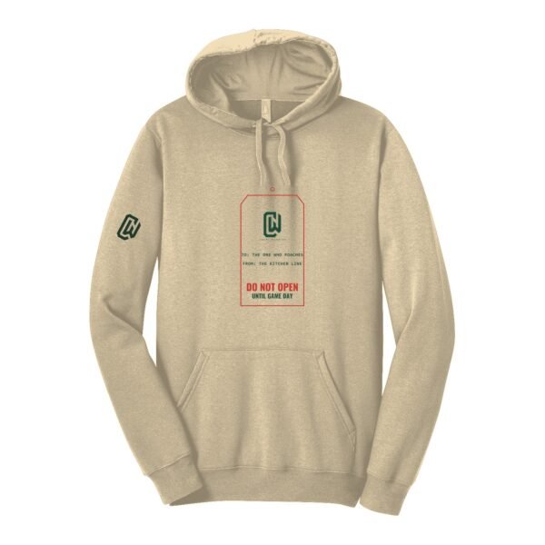 Court Warrior hoodie, Gift Tag design, Sand / Forest + Red