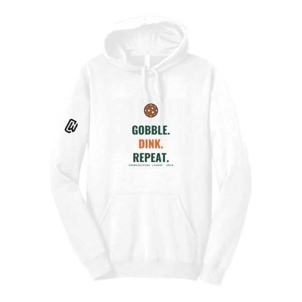 Court Warrior hoodie, Gobble. Dink. Repeat. design, White / Forest + Burnt Orange