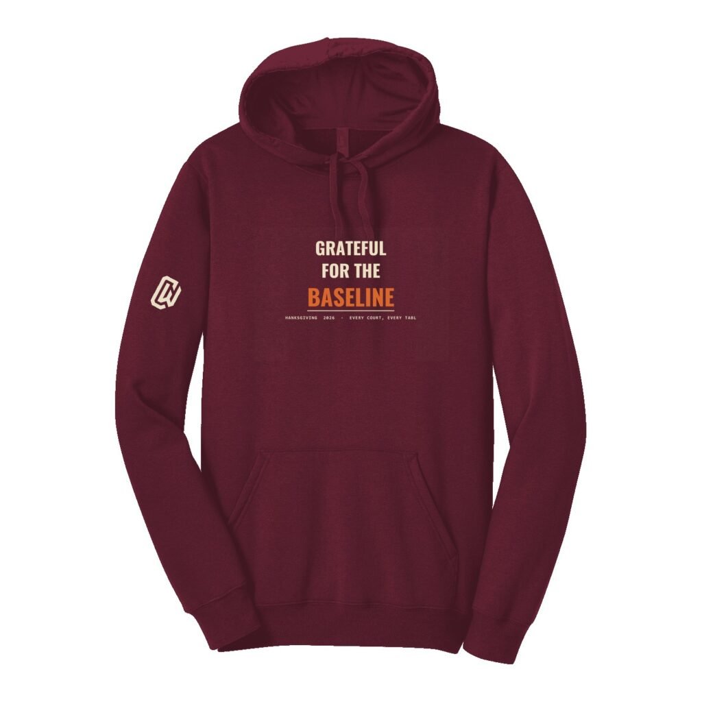 Court Warrior hoodie, Grateful for the Baseline design, Maroon / Bone + Orange