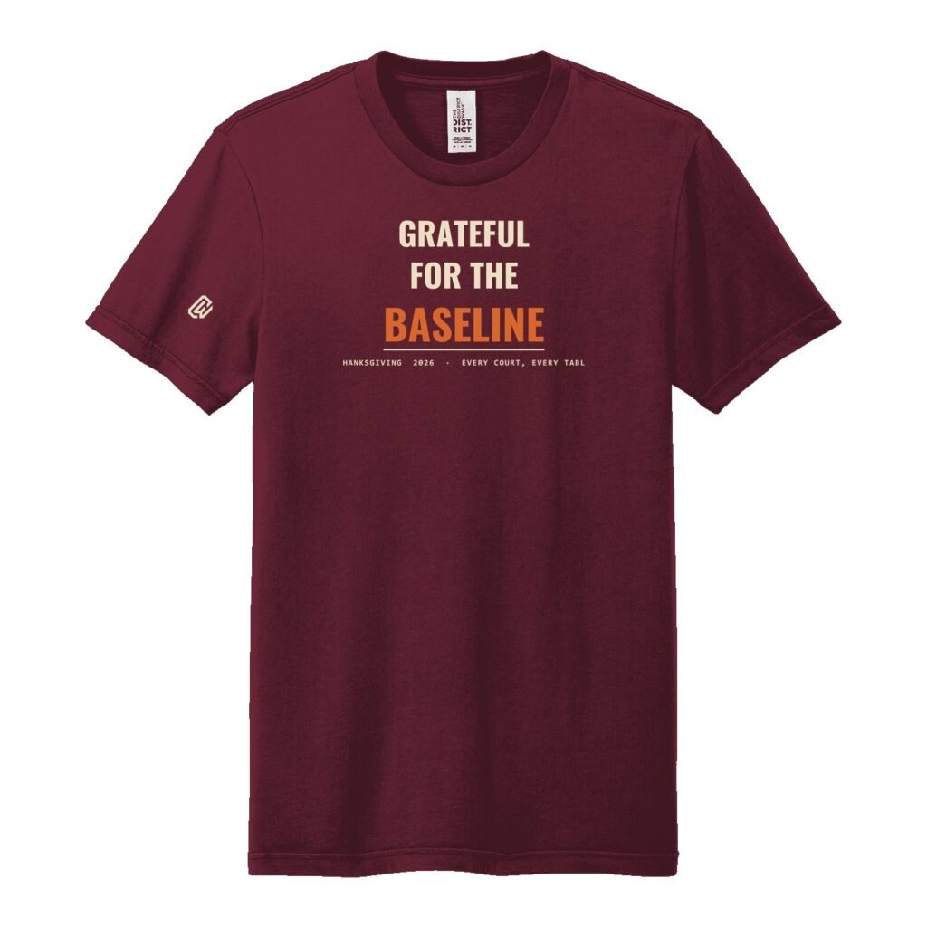 Court Warrior tee, Grateful for the Baseline design, Maroon / Bone + Orange