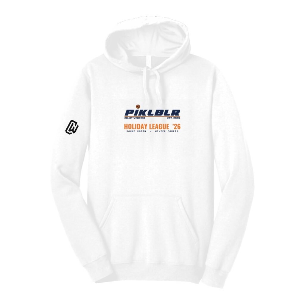 Court Warrior hoodie, PIKLBLR Holiday League design, White / Navy + Orange