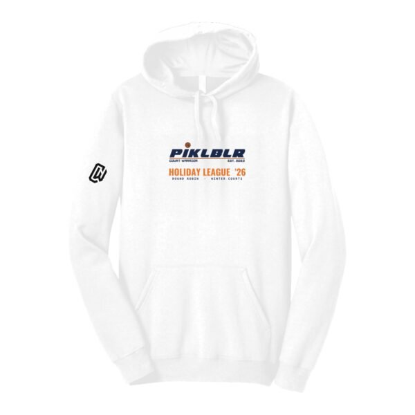 Court Warrior hoodie, PIKLBLR Holiday League design, White / Navy + Orange