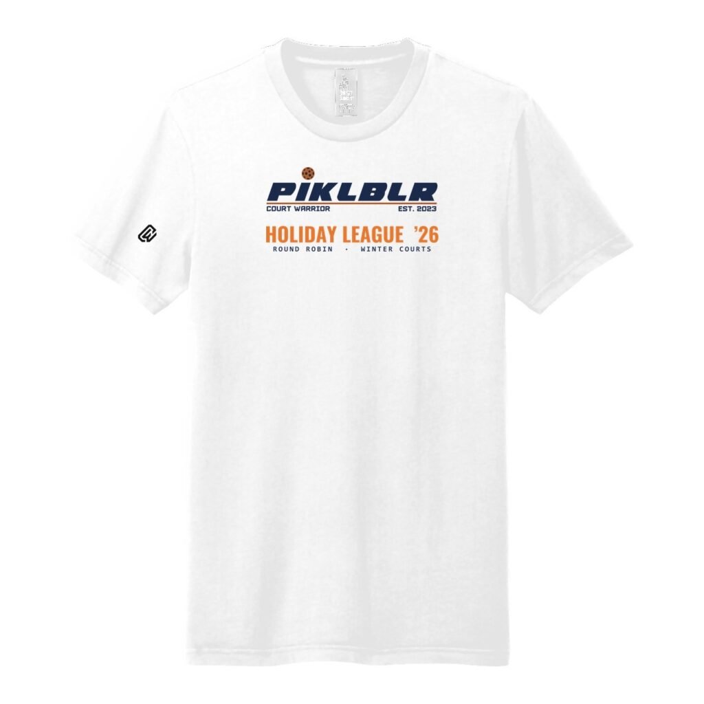Court Warrior tee, PIKLBLR Holiday League design, White / Navy + Orange