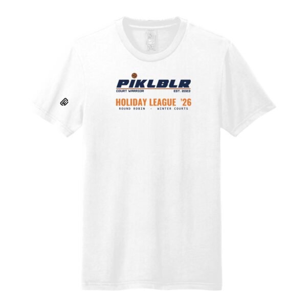 Court Warrior tee, PIKLBLR Holiday League design, White / Navy + Orange
