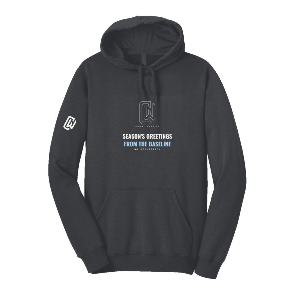 Court Warrior hoodie, Season's Greetings from the Baseline design, Charcoal / White + Ice Blue