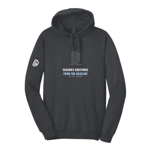 Court Warrior hoodie, Season's Greetings from the Baseline design, Heather Charcoal / White + Ice Blue