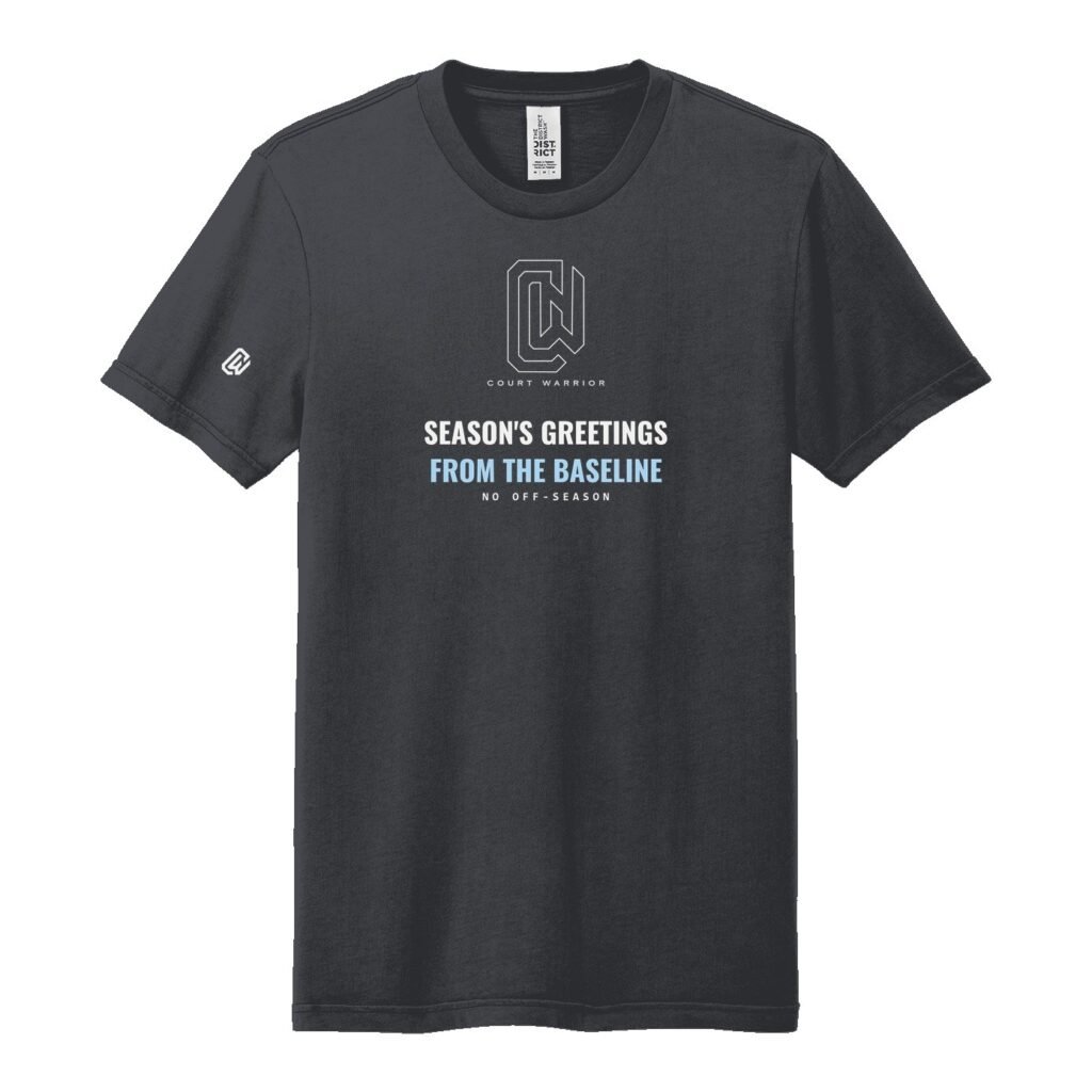 Court Warrior tee, Season's Greetings from the Baseline design, Charcoal / White + Ice Blue