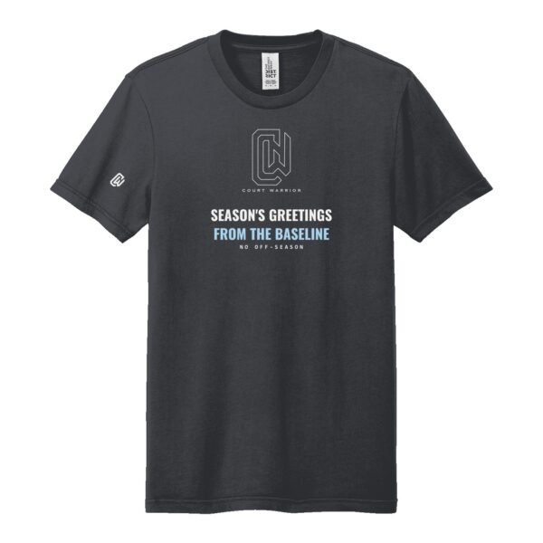 Court Warrior tee, Season's Greetings from the Baseline design, Charcoal / White + Ice Blue