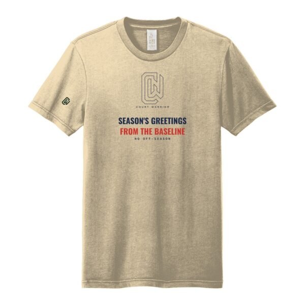 Court Warrior tee, Season's Greetings from the Baseline design, Sand / Navy + Red
