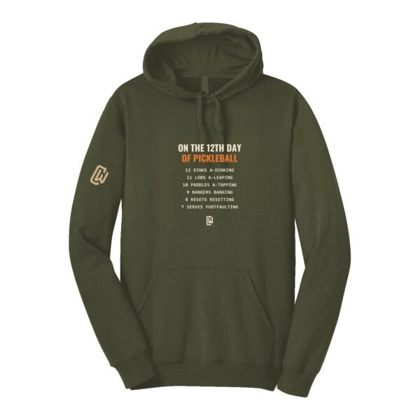 Court Warrior hoodie, On the 12th Day of Pickleball design, Military Olive / Cream + Orange