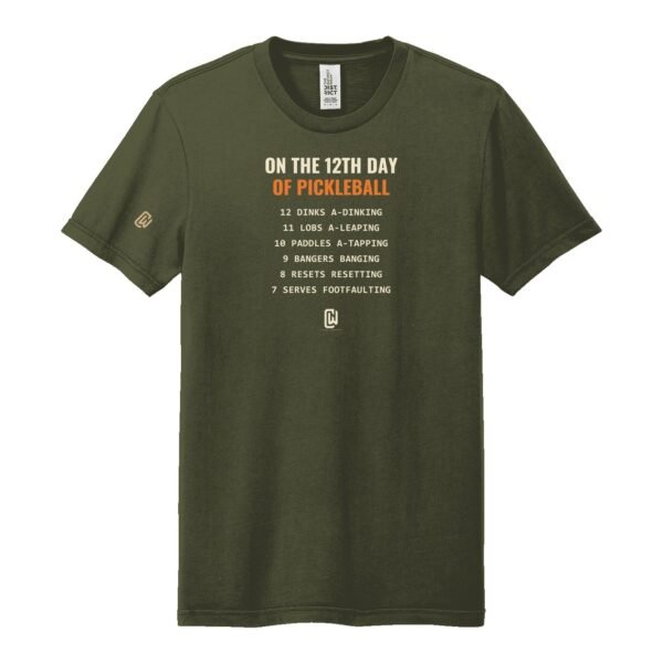 Court Warrior tee, On the 12th Day of Pickleball design, Military Olive / Cream + Orange